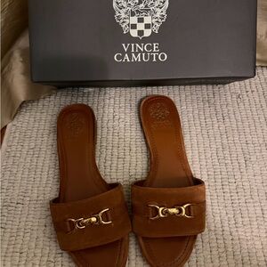 Vince Camuto Caramel Suede Slide Mules with Gold Chain Accent